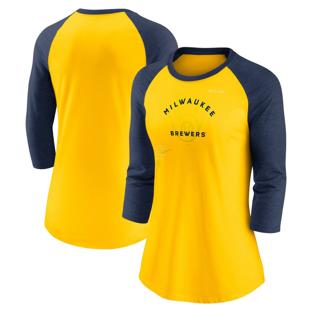 MLB Milwaukee Brewers Nike Women's Next Up Tri-Blend Raglan 3/4-Sleeve T-Shirt