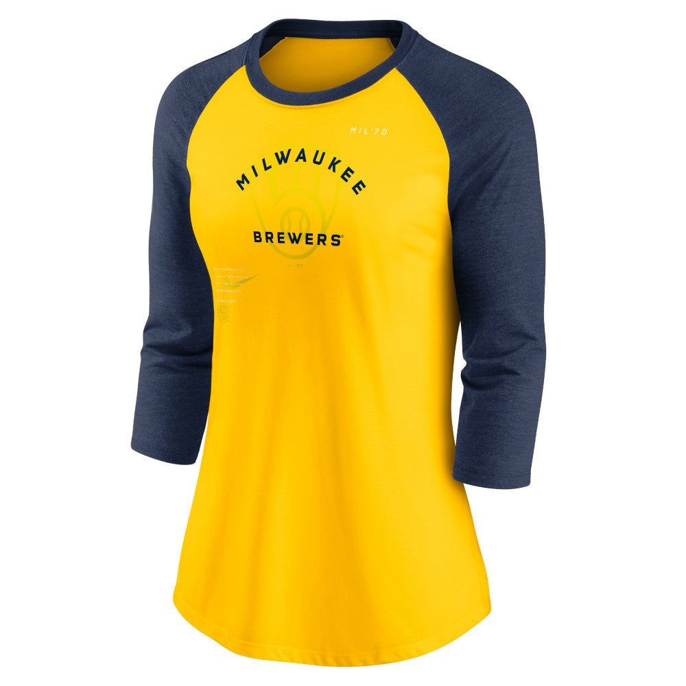 MLB Milwaukee Brewers Nike Women's Next Up Tri-Blend Raglan 3/4-Sleeve T-Shirt