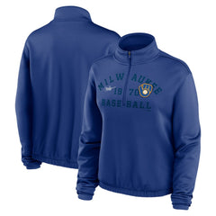 MLB Milwaukee Brewers Nike Women's Rewind Splice Half-Zip Semi-Cropped Bubble Hem Sweatshirt