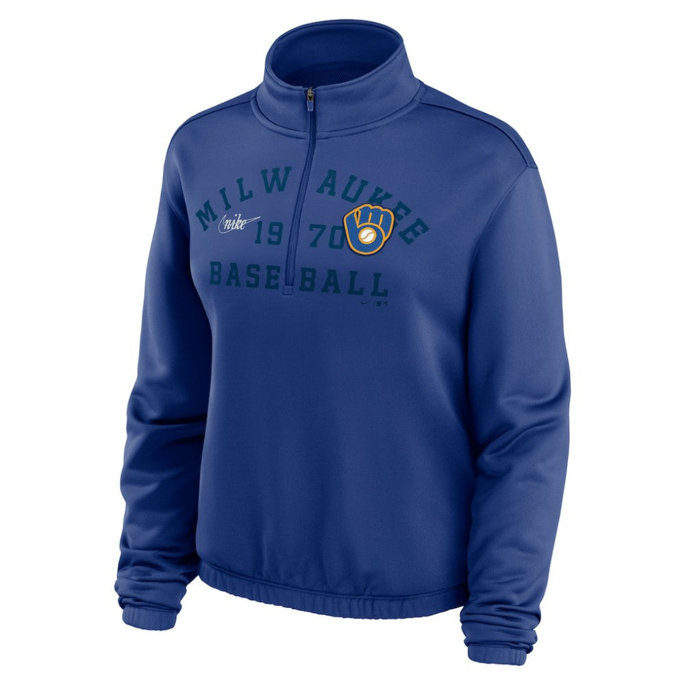 MLB Milwaukee Brewers Nike Women's Rewind Splice Half-Zip Semi-Cropped Bubble Hem Sweatshirt