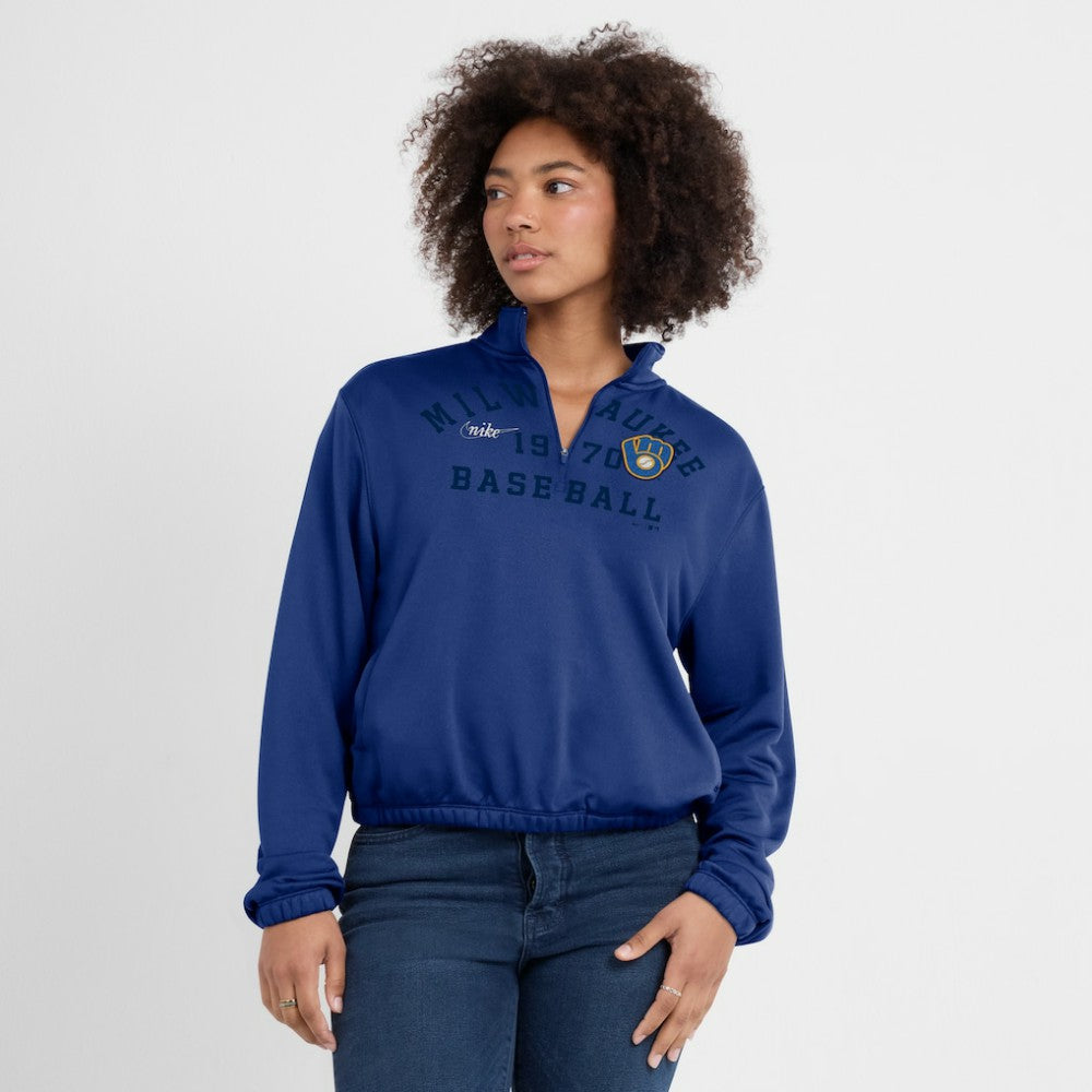 MLB Milwaukee Brewers Nike Women's Rewind Splice Half-Zip Semi-Cropped Bubble Hem Sweatshirt