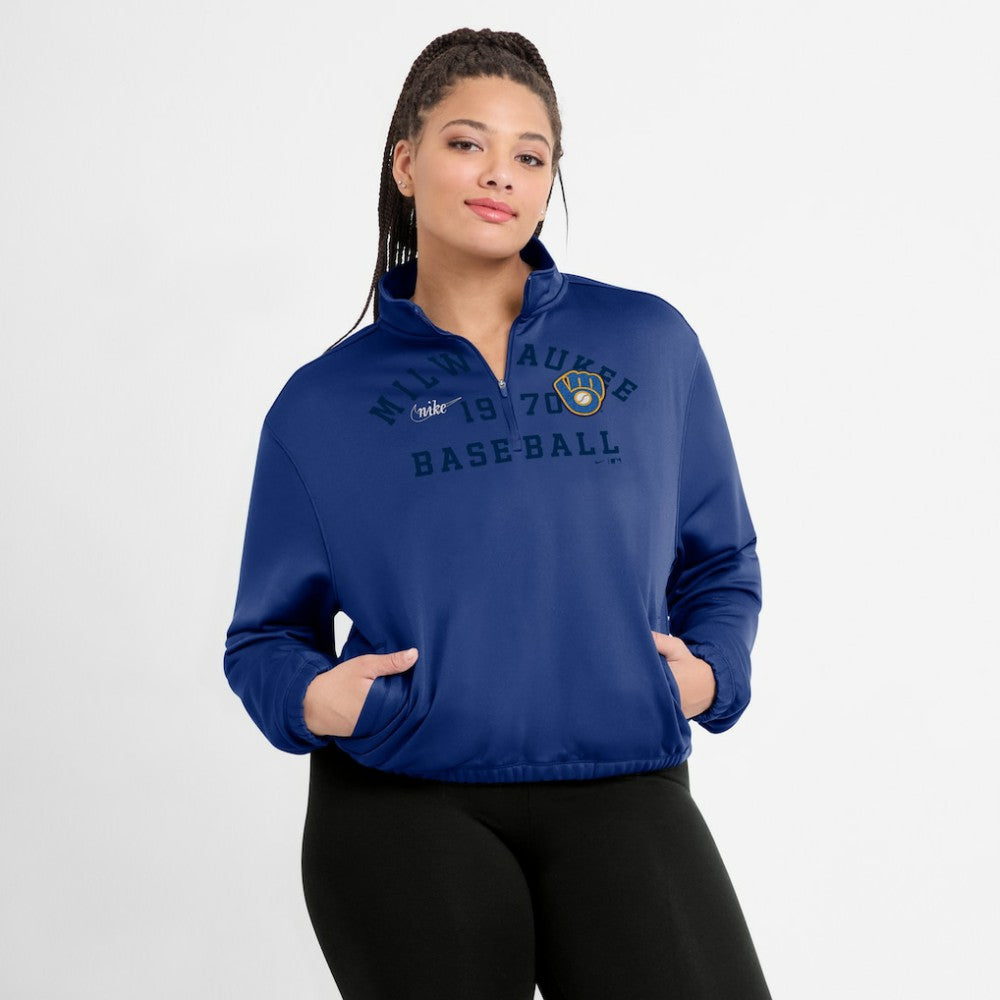 MLB Milwaukee Brewers Nike Women's Rewind Splice Half-Zip Semi-Cropped Bubble Hem Sweatshirt
