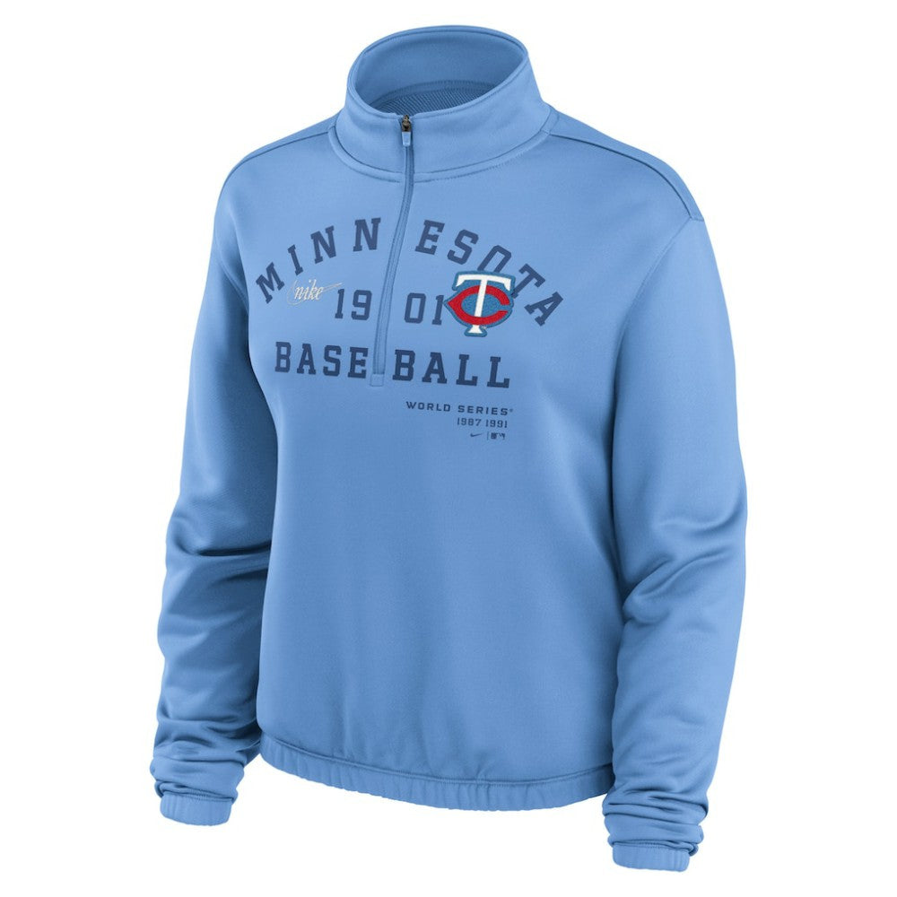 MLB Minnesota Twins Nike Women's Rewind Splice Half-Zip Semi-Cropped Bubble Hem Sweatshirt