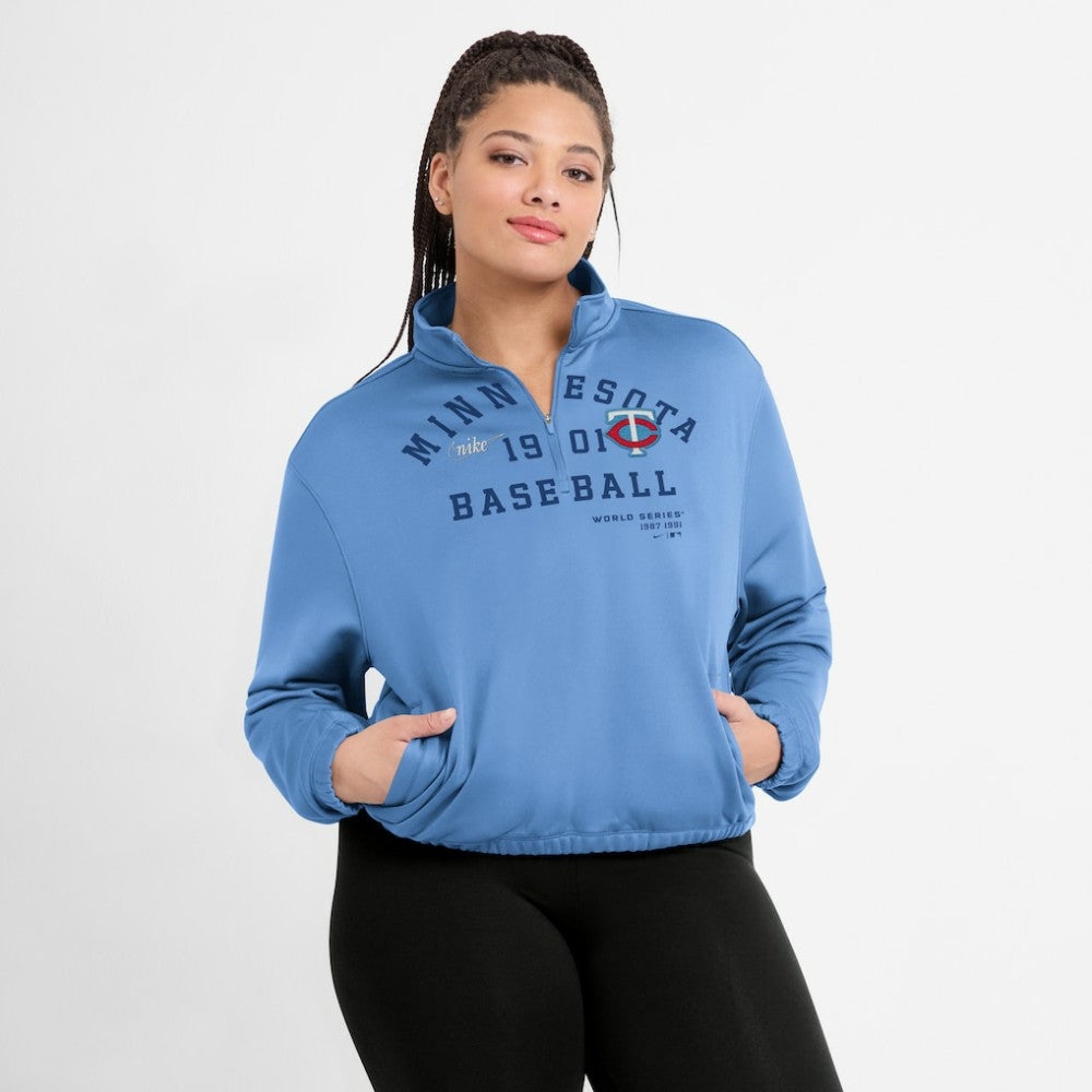 MLB Minnesota Twins Nike Women's Rewind Splice Half-Zip Semi-Cropped Bubble Hem Sweatshirt