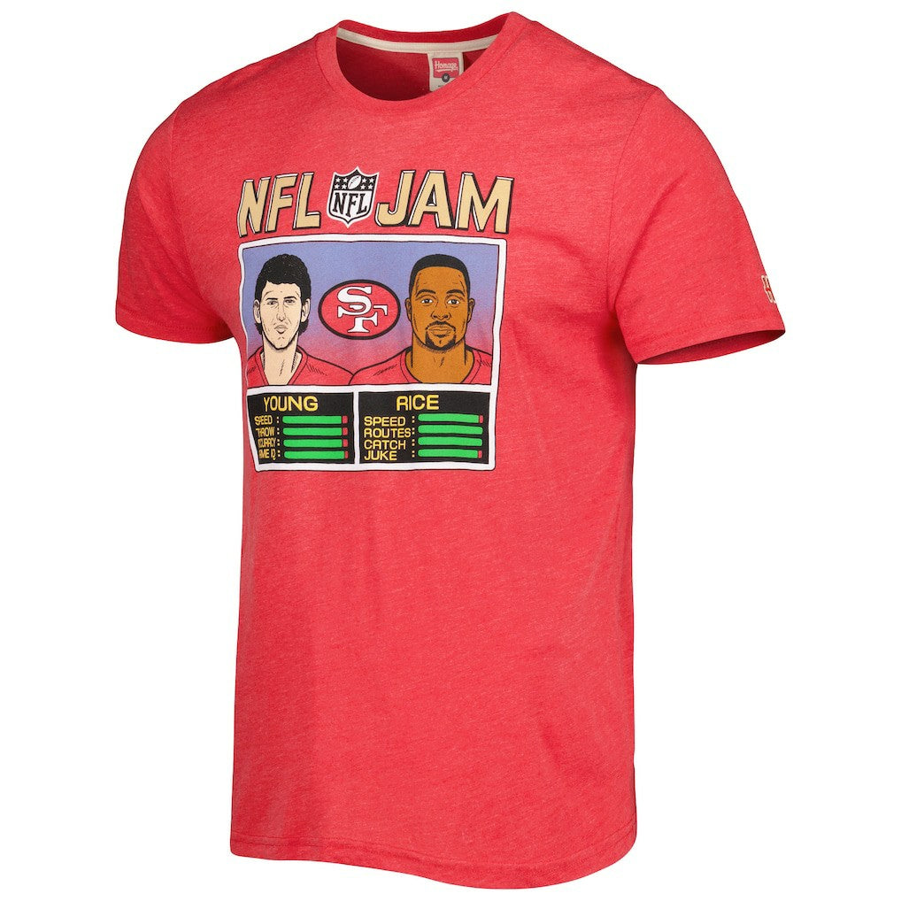 Jerry Rice & Steve Young  Homage Unisex NFL Jam Retired Tri-Blend T-Shirt - San Francisco 49ers