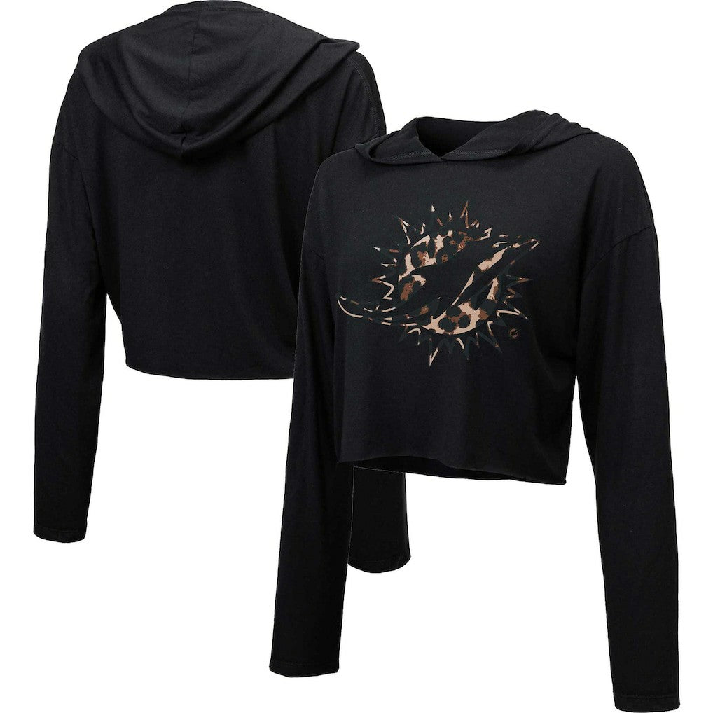 Majestic Threads Women's Leopard Cropped Pullover Hoodie - Miami Dolphins
