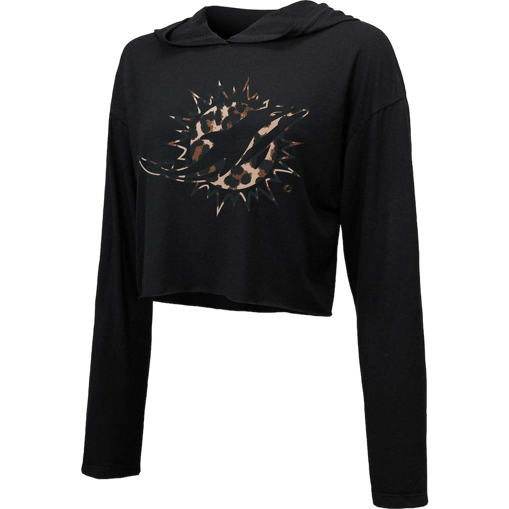 Majestic Threads Women's Leopard Cropped Pullover Hoodie - Miami Dolphins