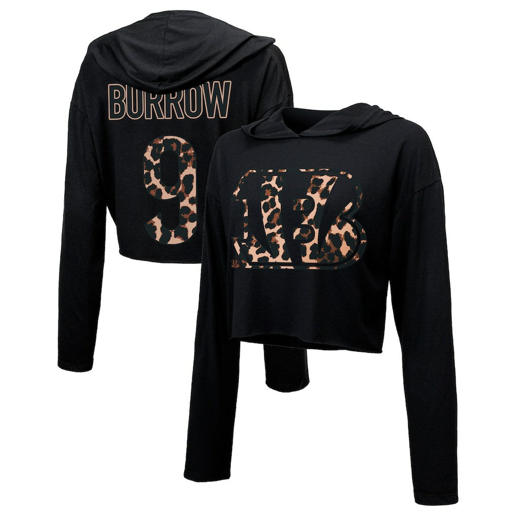 Joe Burrow  Majestic Threads Women's Leopard Player Name & Number Long Sleeve Cropped Hoodie - Cincinnati Bengals