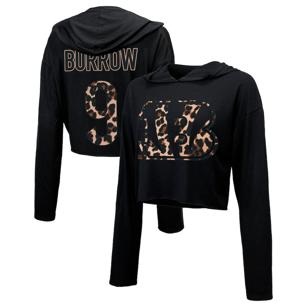 Joe Burrow  Majestic Threads Women's Leopard Player Name & Number Long Sleeve Cropped Hoodie - Cincinnati Bengals