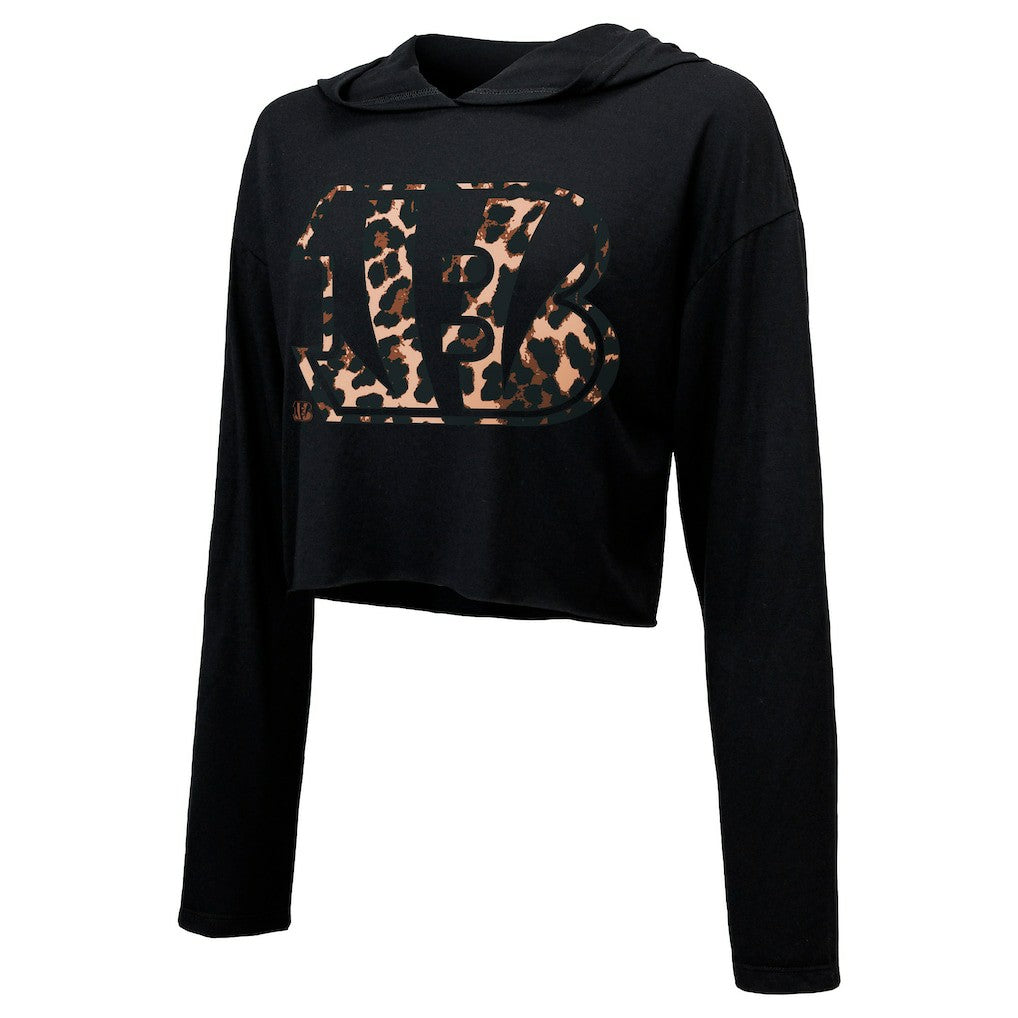 Joe Burrow  Majestic Threads Women's Leopard Player Name & Number Long Sleeve Cropped Hoodie - Cincinnati Bengals