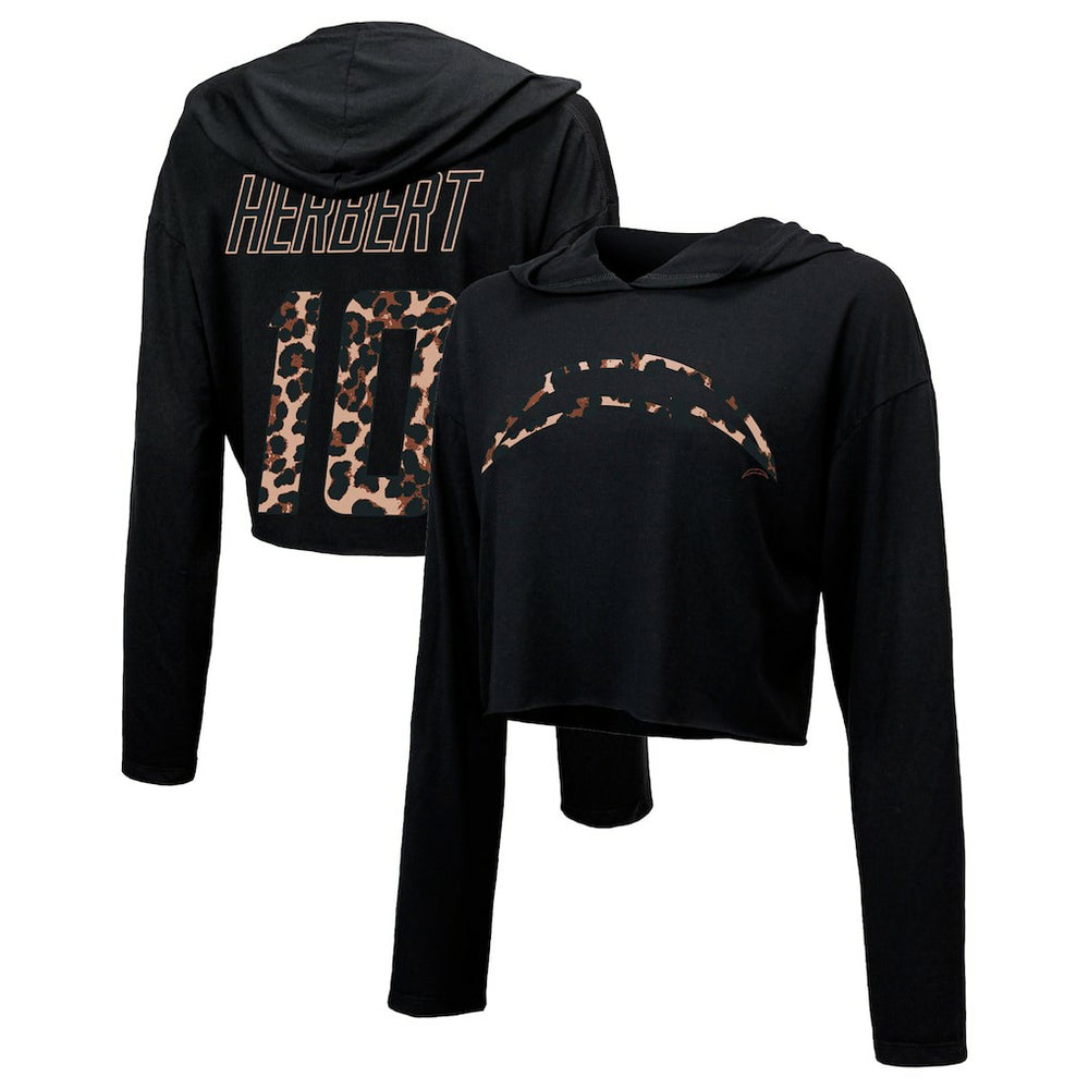 Justin Herbert  Majestic Threads Women's Leopard Player Name & Number Long Sleeve Cropped Hoodie - Los Angeles Chargers