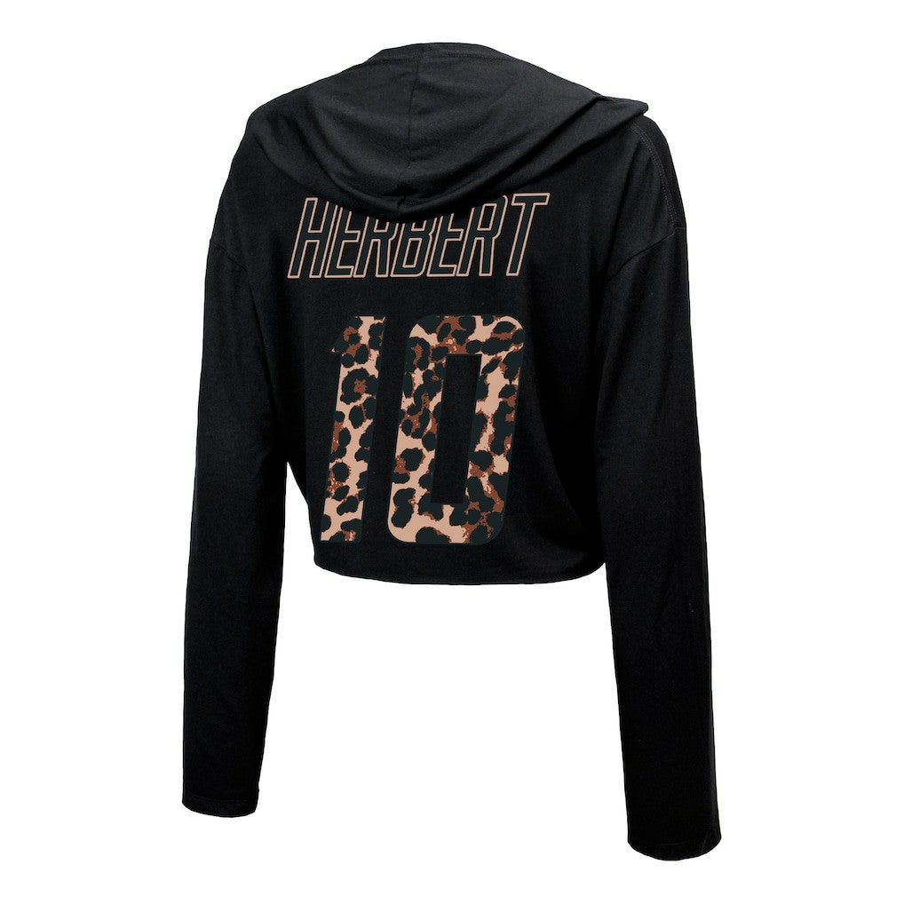 Justin Herbert  Majestic Threads Women's Leopard Player Name & Number Long Sleeve Cropped Hoodie - Los Angeles Chargers