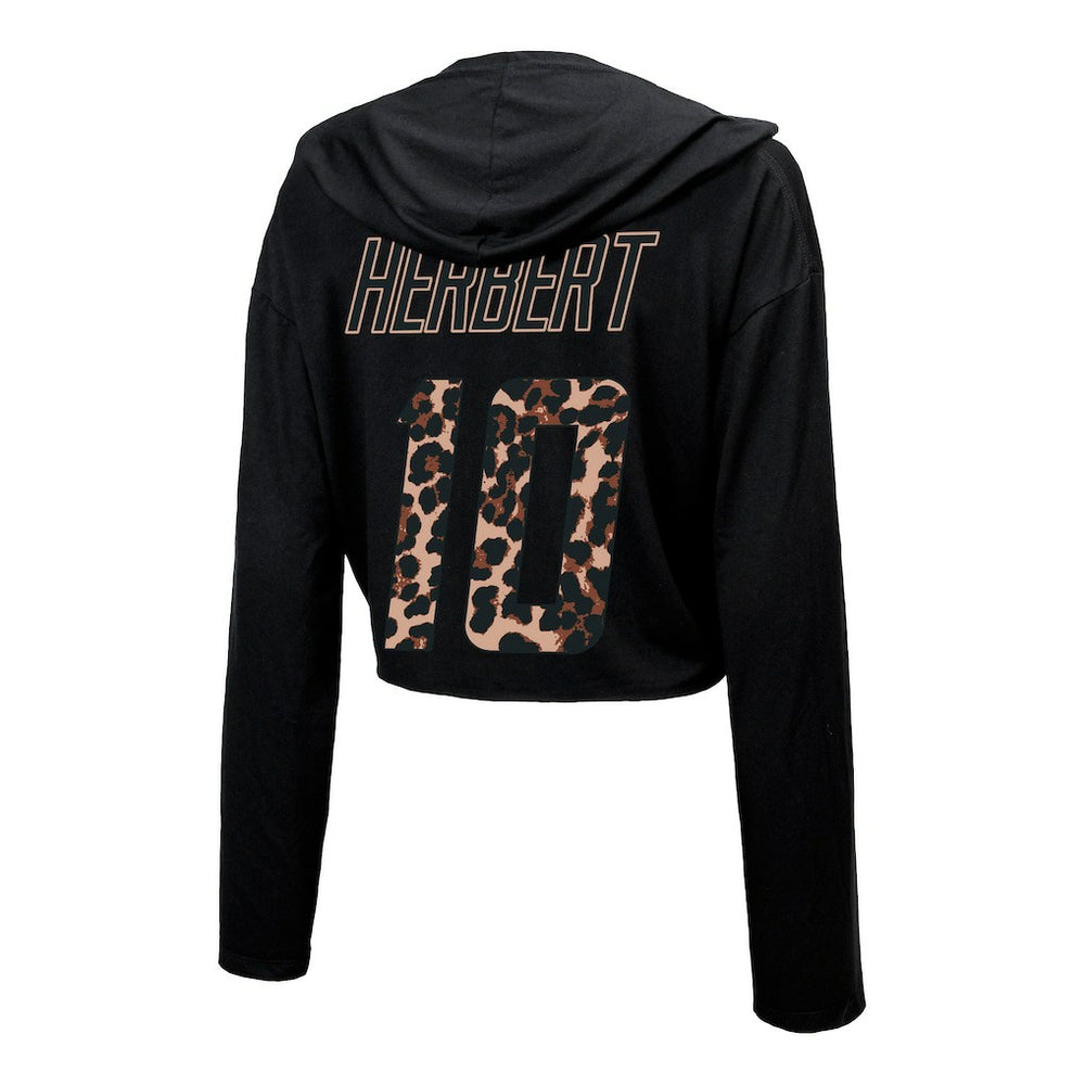 Justin Herbert  Majestic Threads Women's Leopard Player Name & Number Long Sleeve Cropped Hoodie - Los Angeles Chargers