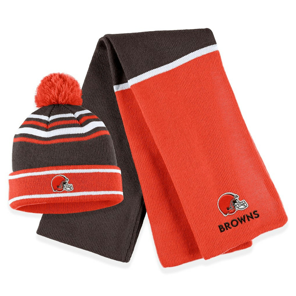 WEAR by Erin Andrews Women's Colorblock Cuffed Knit Hat with Pom and Scarf Set - Cleveland Browns