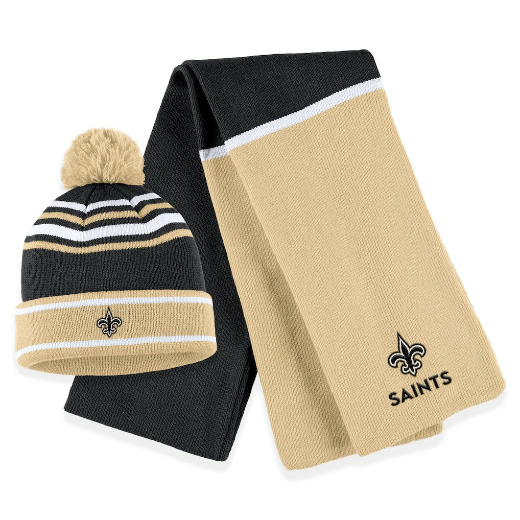 WEAR by Erin Andrews Women's Colorblock Cuffed Knit Hat with Pom and Scarf Set - New Orleans Saints