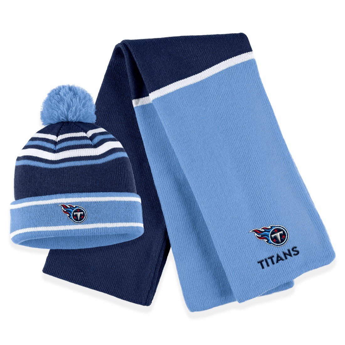 WEAR by Erin Andrews Women's Colorblock Cuffed Knit Hat with Pom and Scarf Set - Tennessee Titans