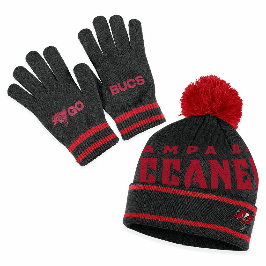 WEAR by Erin Andrews Women's Double Jacquard Cuffed Knit Hat with Pom and Gloves Set - Tampa Bay Buccaneers