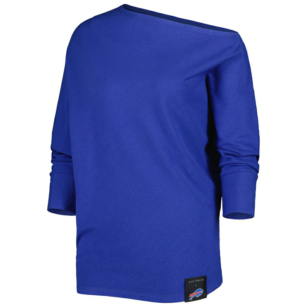 KIYA TOMLIN Women's Twisted Tri-Blend Asymmetrical 3/4-Dolman Sleeve Sweatshirt - Buffalo Bills