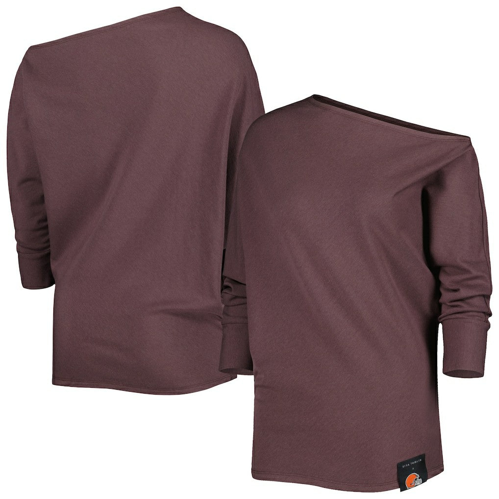 KIYA TOMLIN Women's Twisted Tri-Blend Asymmetrical 3/4-Dolman Sleeve Sweatshirt - Cleveland Browns