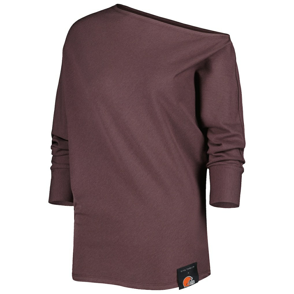 KIYA TOMLIN Women's Twisted Tri-Blend Asymmetrical 3/4-Dolman Sleeve Sweatshirt - Cleveland Browns