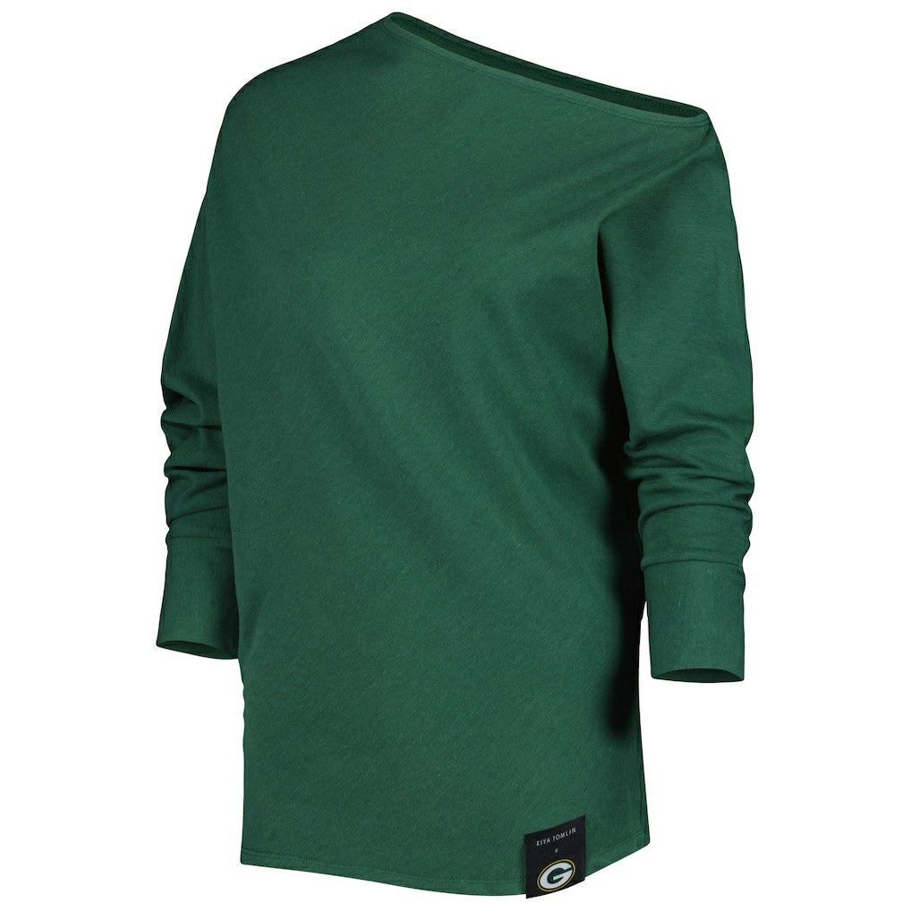 KIYA TOMLIN Women's Twisted Tri-Blend Asymmetrical 3/4-Dolman Sleeve Sweatshirt - Green Bay Packers