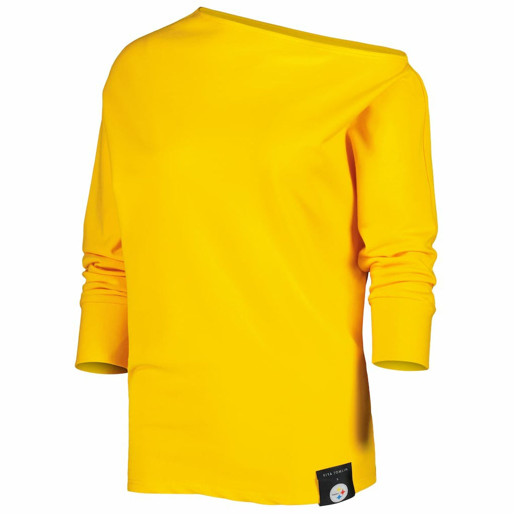 KIYA TOMLIN Women's Twisted Tri-Blend Asymmetrical 3/4-Dolman Sleeve Sweatshirt - Pittsburgh Steelers