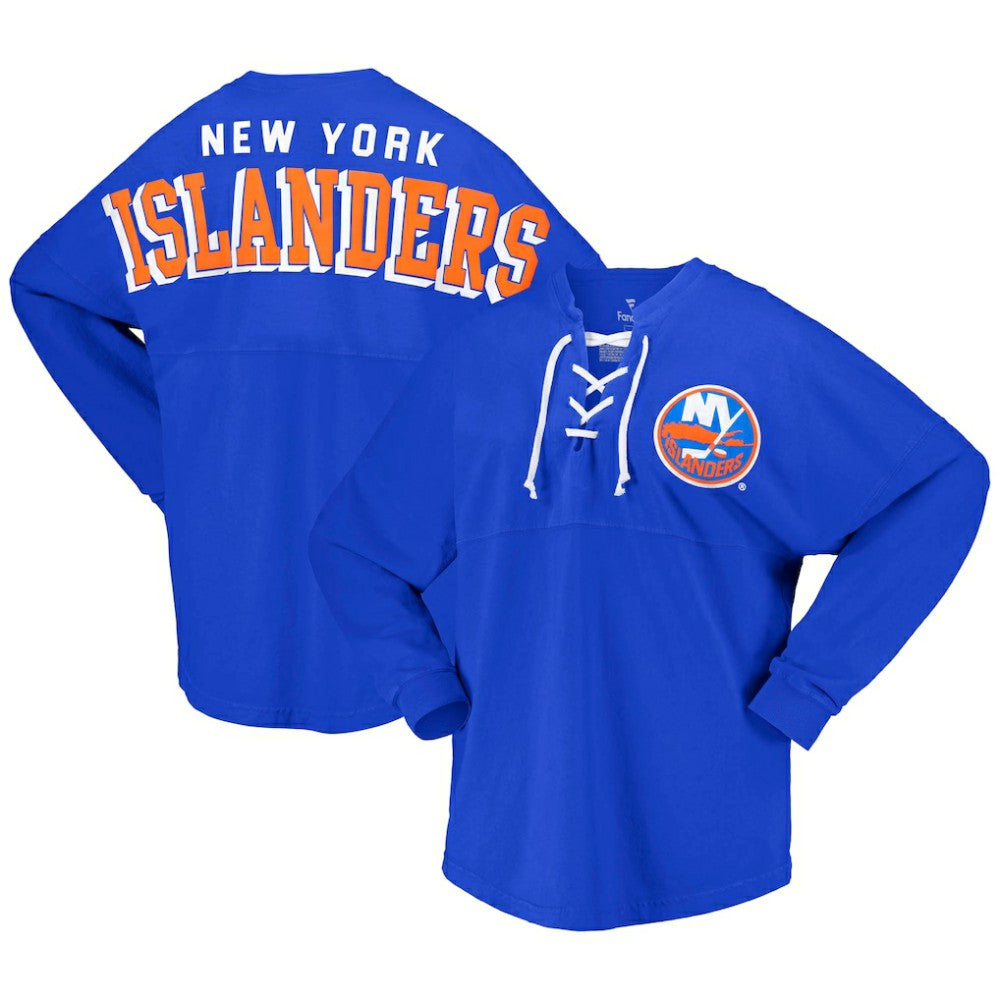 NHL Royal New York Islanders Fanatics Women's Spirit Lace-Up V-Neck Long Sleeve Jersey T-Shirt