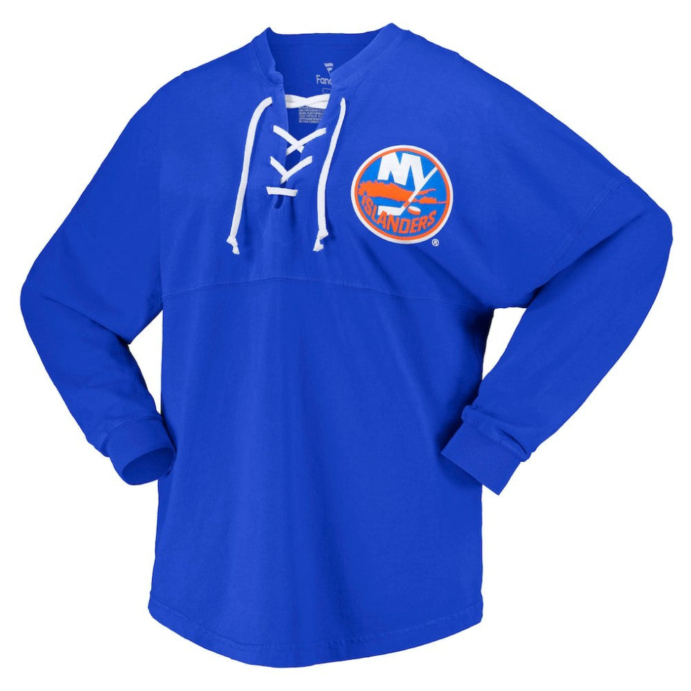 NHL Royal New York Islanders Fanatics Women's Spirit Lace-Up V-Neck Long Sleeve Jersey T-Shirt