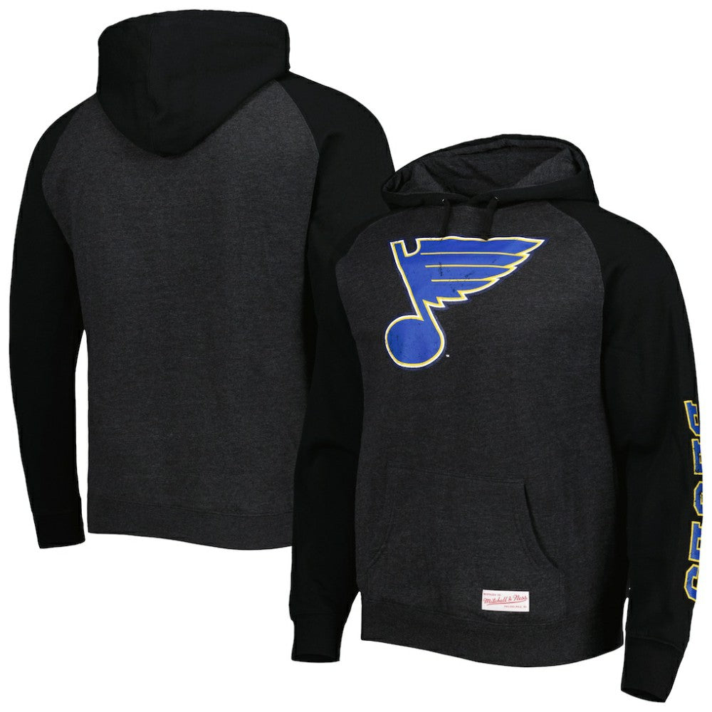 NHL Heather Black St. Louis Blues Mitchell & Ness Distressed Logo Raglan Pullover Hoodie