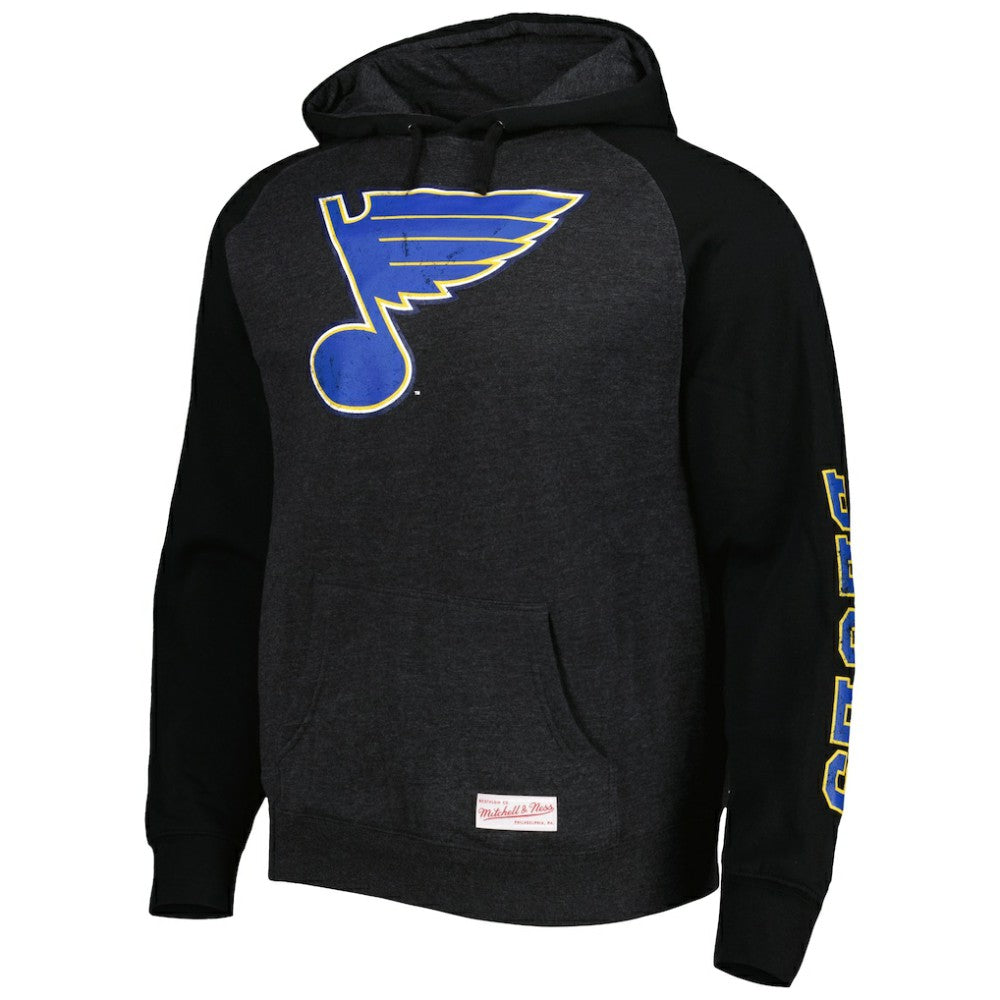 NHL Heather Black St. Louis Blues Mitchell & Ness Distressed Logo Raglan Pullover Hoodie