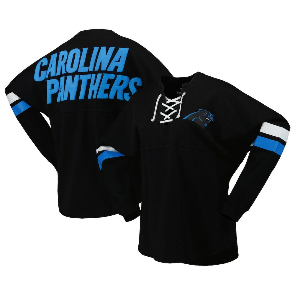 Women's Spirit Jersey Lace-Up V-Neck Long Sleeve T-Shirt - Carolina Panthers