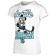 NHL White Seattle Kraken Girls Youth Mickey Mouse Go Team Go T-Shirt