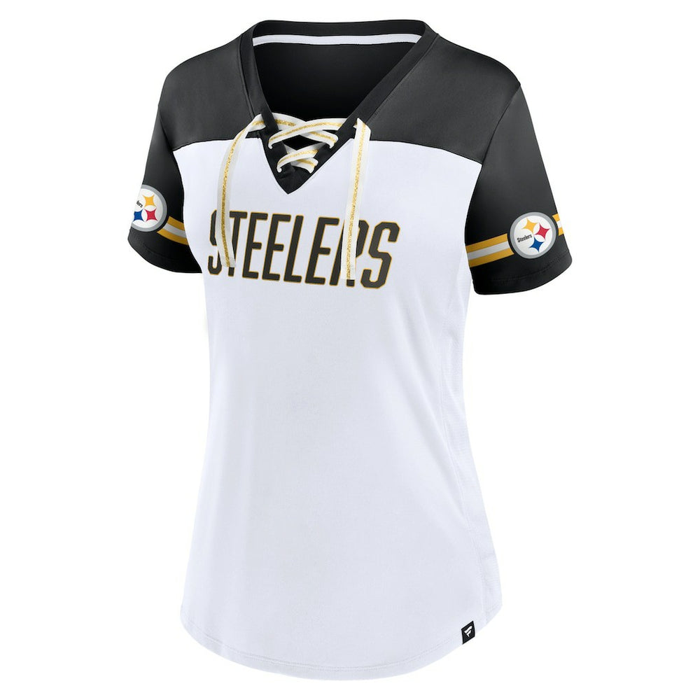Women's Dueling Slant V-Neck Lace-Up T-Shirt - Pittsburgh Steelers