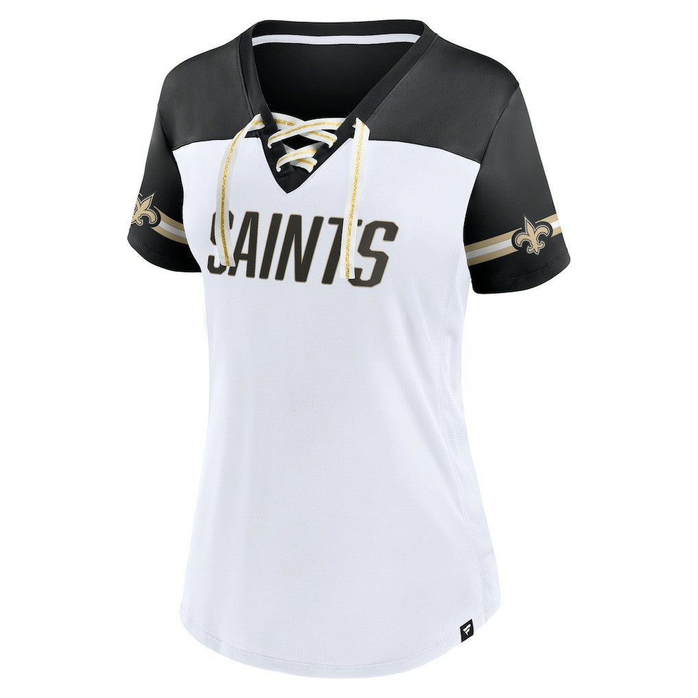 Women's Dueling Slant V-Neck Lace-Up T-Shirt - New Orleans Saints
