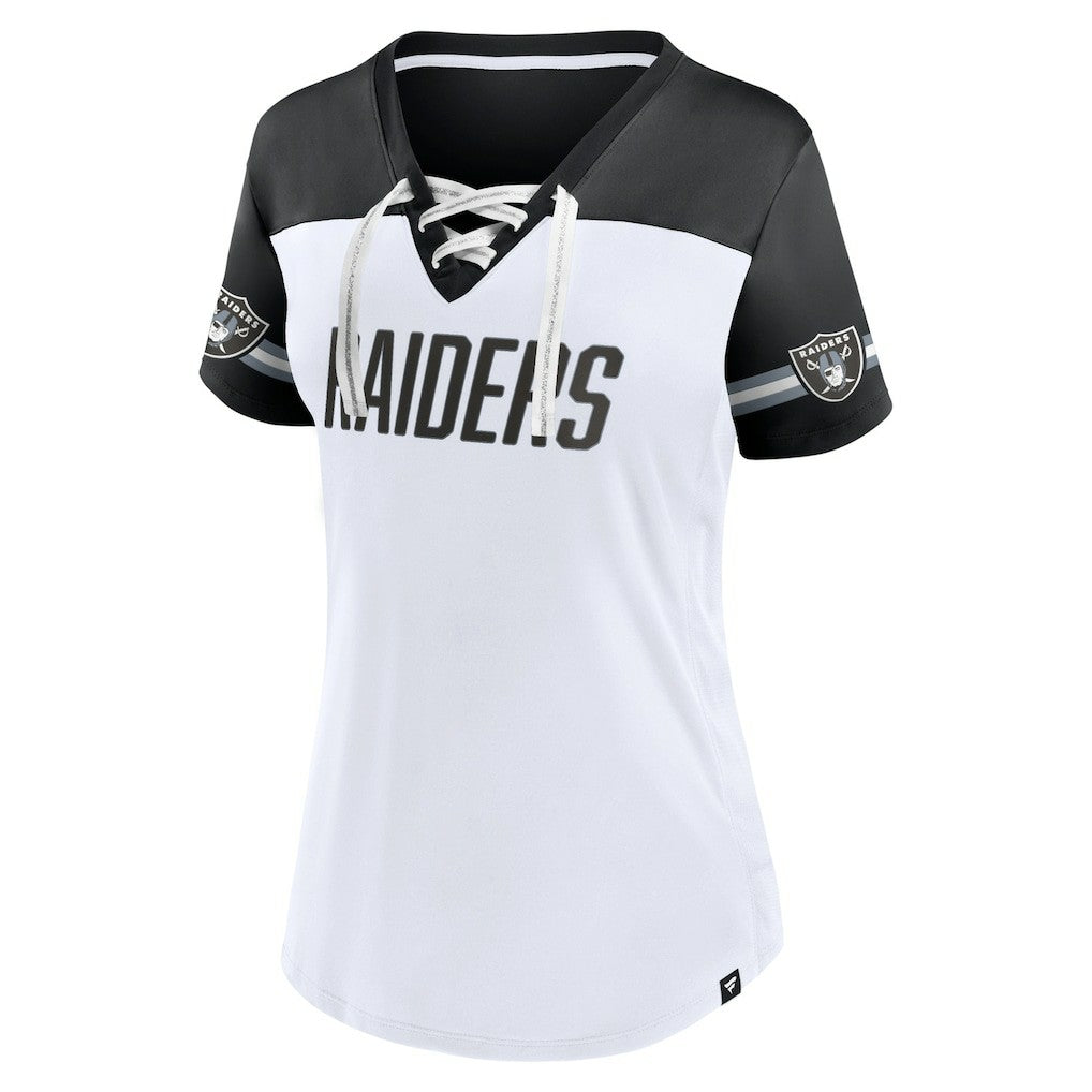 Women's Dueling Slant V-Neck Lace-Up T-Shirt - Las Vegas Raiders
