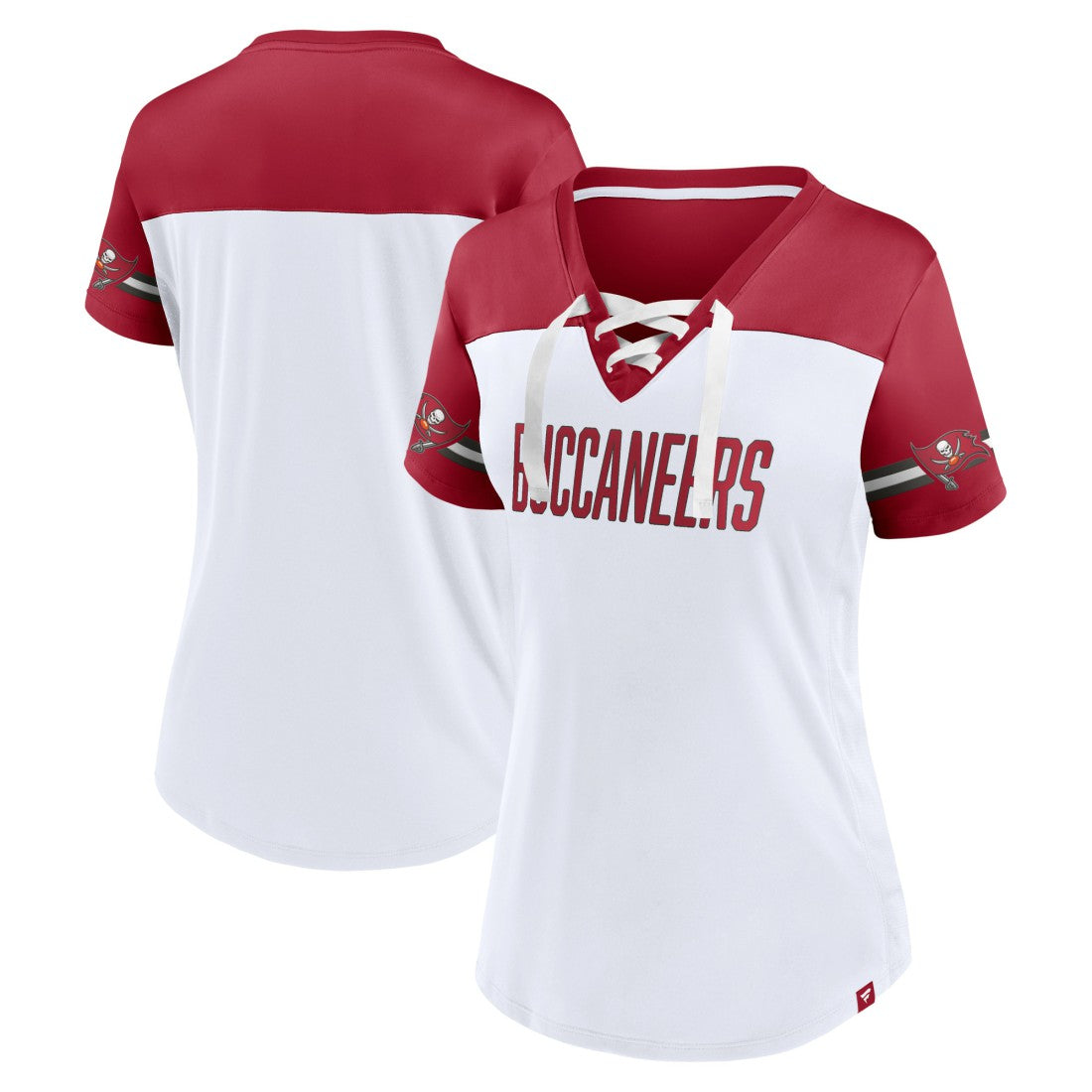 Women's Dueling Slant V-Neck Lace-Up T-Shirt - Tampa Bay Buccaneers