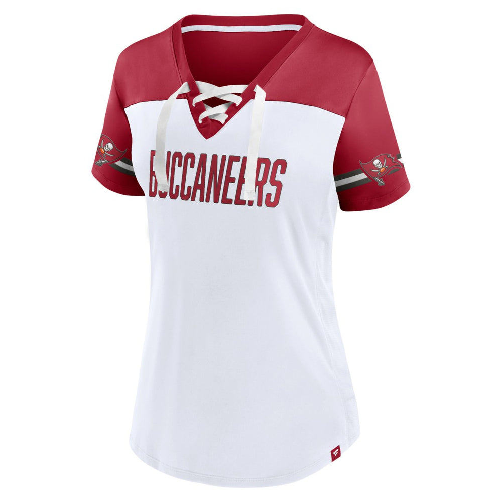 Women's Dueling Slant V-Neck Lace-Up T-Shirt - Tampa Bay Buccaneers
