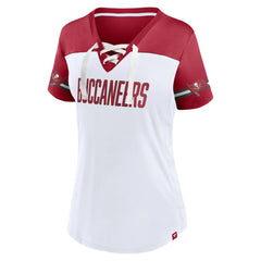 Women's Dueling Slant V-Neck Lace-Up T-Shirt - Tampa Bay Buccaneers