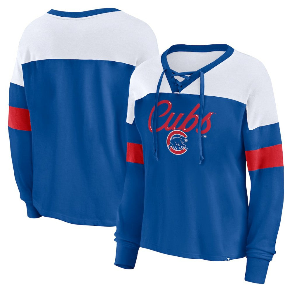 MLB Chicago Cubs Fanatics Women's Even Match Lace-Up Long Sleeve V-Neck T-Shirt