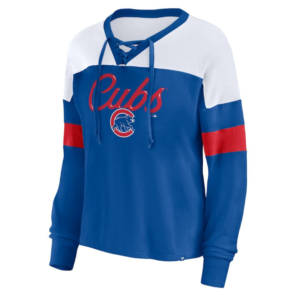MLB Chicago Cubs Fanatics Women's Even Match Lace-Up Long Sleeve V-Neck T-Shirt
