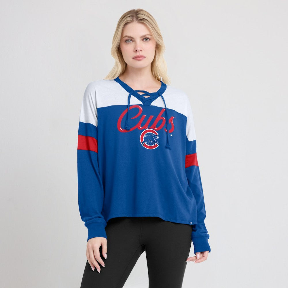 MLB Chicago Cubs Fanatics Women's Even Match Lace-Up Long Sleeve V-Neck T-Shirt