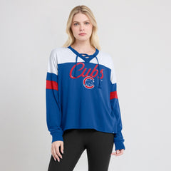 MLB Chicago Cubs Fanatics Women's Even Match Lace-Up Long Sleeve V-Neck T-Shirt