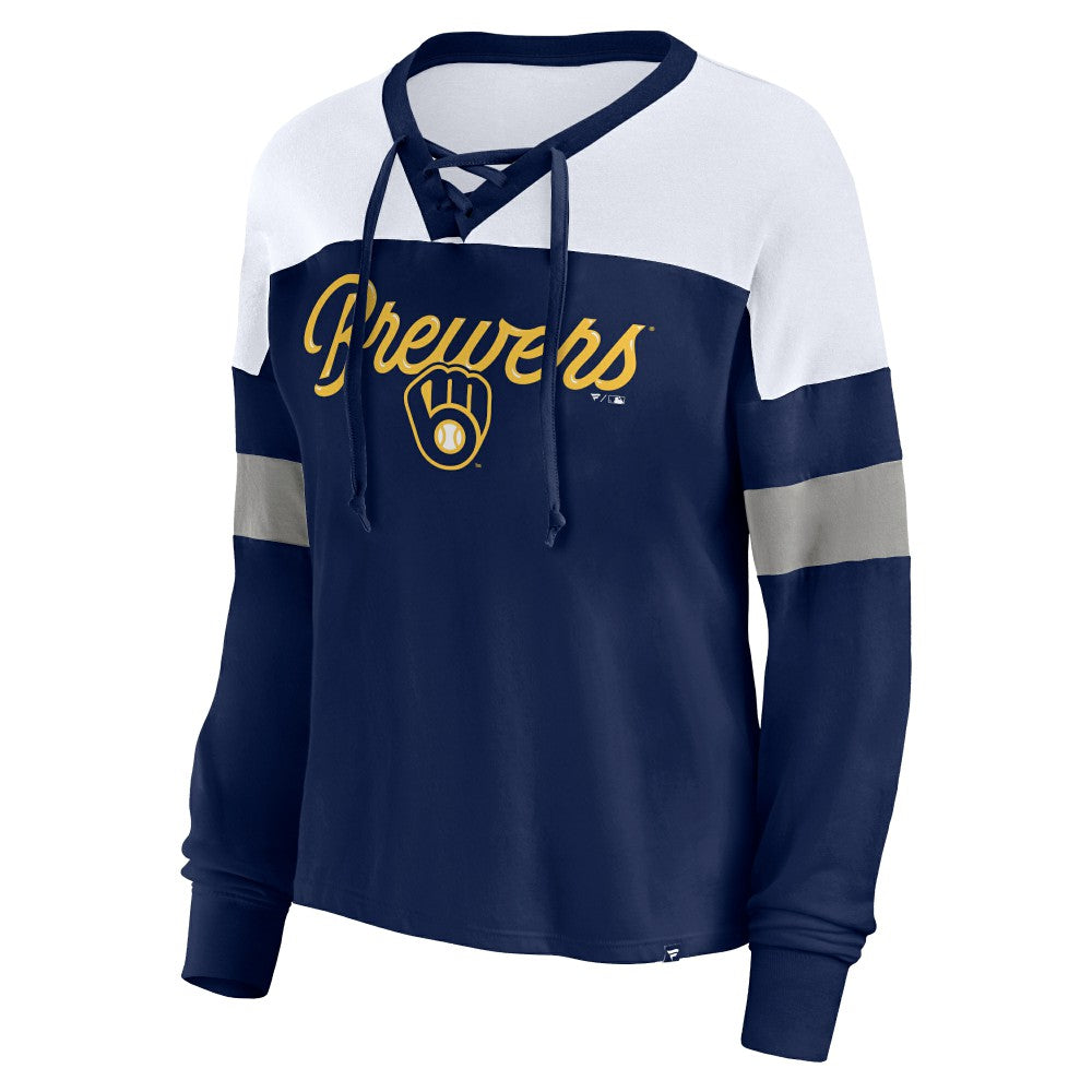 MLB Milwaukee Brewers Fanatics Women's Even Match Lace-Up Long Sleeve V-Neck T-Shirt