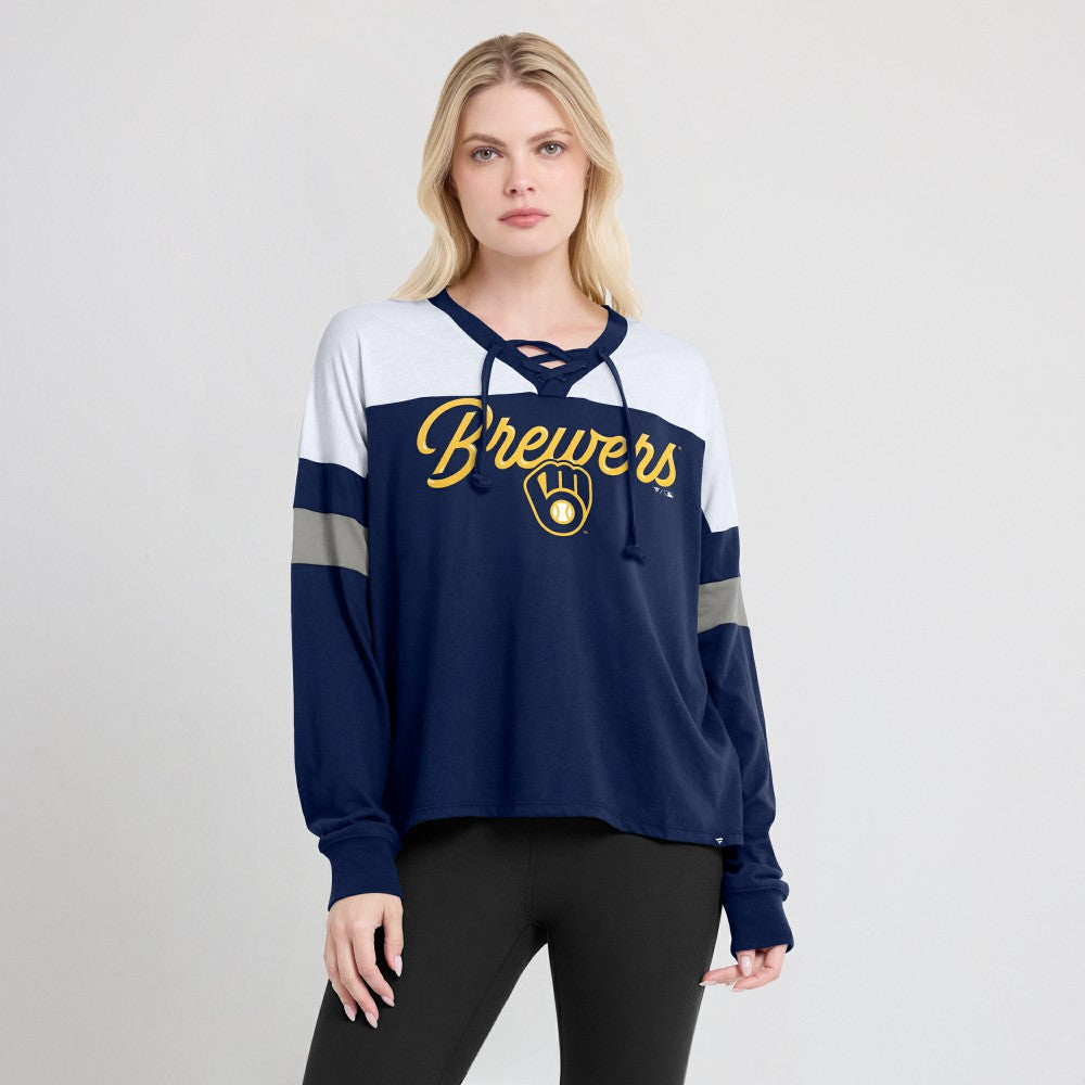 MLB Milwaukee Brewers Fanatics Women's Even Match Lace-Up Long Sleeve V-Neck T-Shirt