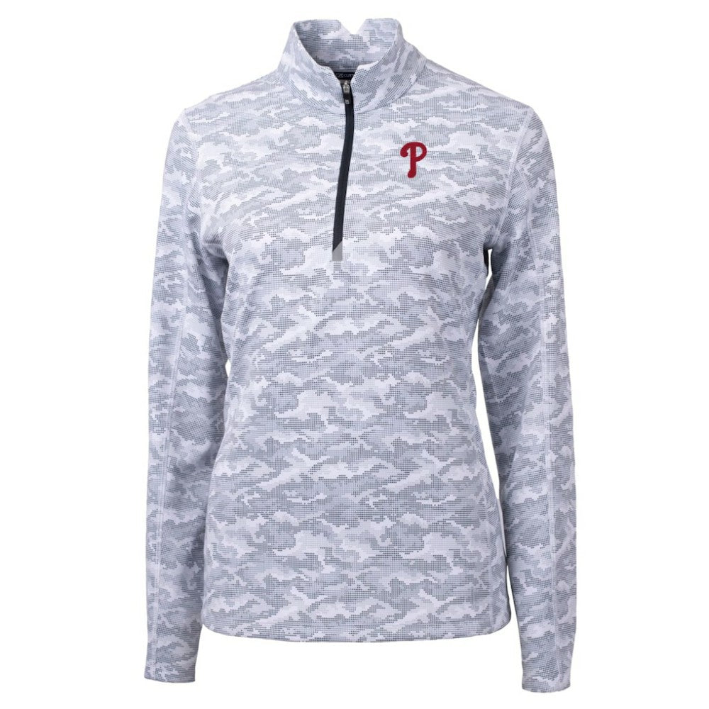 MLB Philadelphia Phillies Cutter & Buck Women's Traverse Camo Print Stretch Quarter-Zip Pullover Top