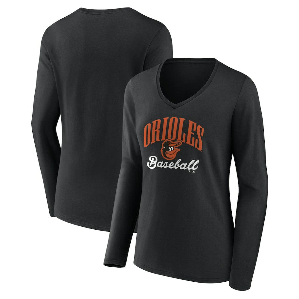 MLB Baltimore Orioles Women's Victory Script Long Sleeve V-Neck T-Shirt