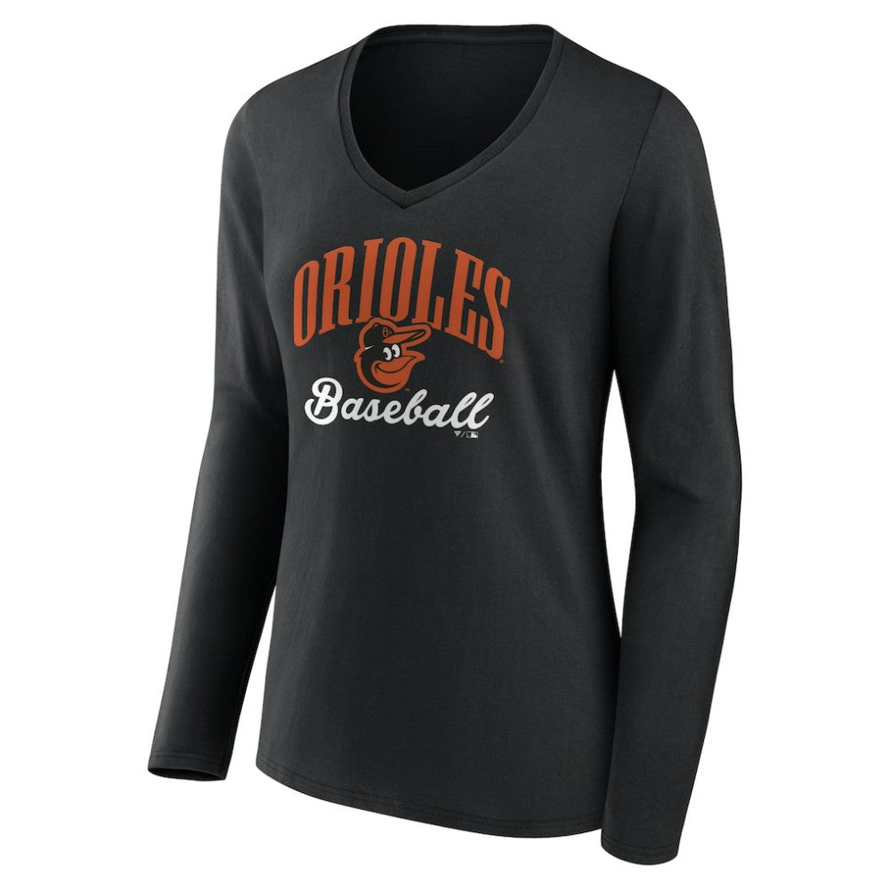 MLB Baltimore Orioles Women's Victory Script Long Sleeve V-Neck T-Shirt