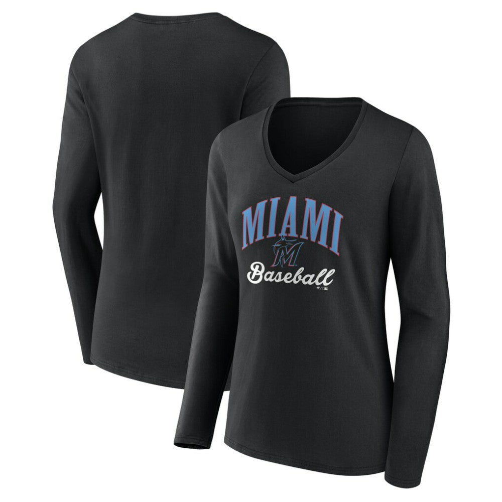 MLB Miami Marlins Women's Victory Script Long Sleeve V-Neck T-Shirt
