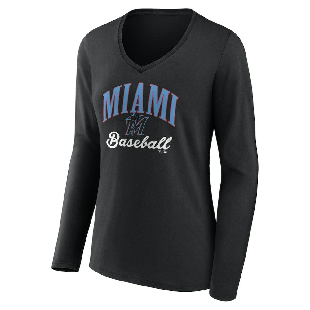 MLB Miami Marlins Women's Victory Script Long Sleeve V-Neck T-Shirt