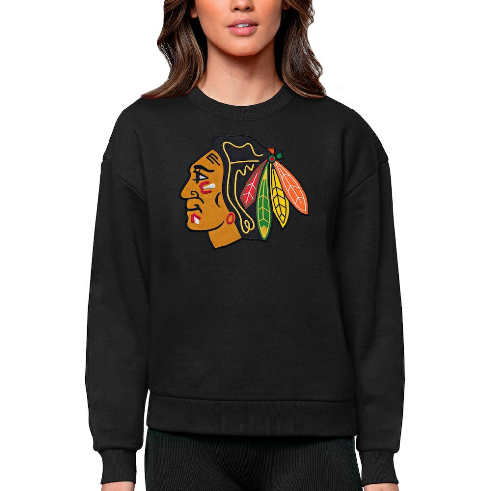 NHL Black Chicago Blackhawks Antigua Women's Team Logo Victory Crewneck Pullover Sweatshirt